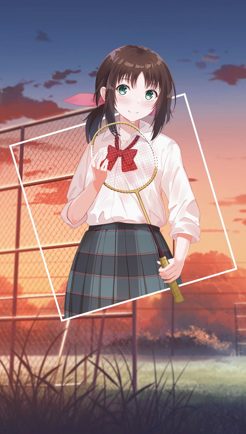 anime girls, brown hair, nature, picture-in-picture, uniform, 720P, front view, costume, hairstyle, standing, green eyes, innocence, sky, child, females