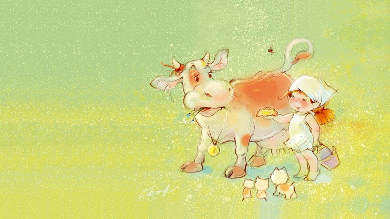 summer, girl, treat, Catherine Attendants, 1080P, childrens, art, village, mood, cow, kittens