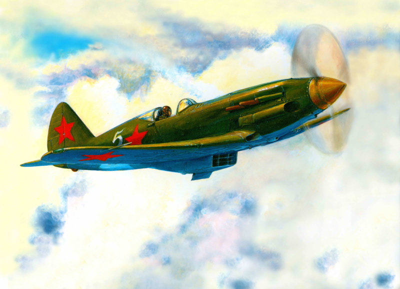 The sky, figure, USSR, 5K, Aviation, The plane, Flight, The MiG-3, fighter, Clouds, ART, Day, Wings
