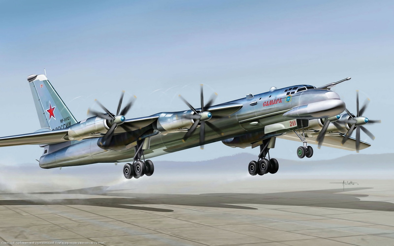 Tu-95MS, on the move, flying, motion, day, military, Samara, military airplane, turboprop strategic bomber-missile carrier, side view, no people, andquot;Bearandquot;