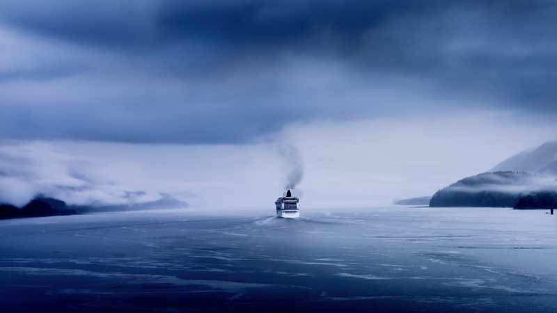 mountains, sea, Maersk, smoke, mist, clouds, 1080P, snow, ship, waves