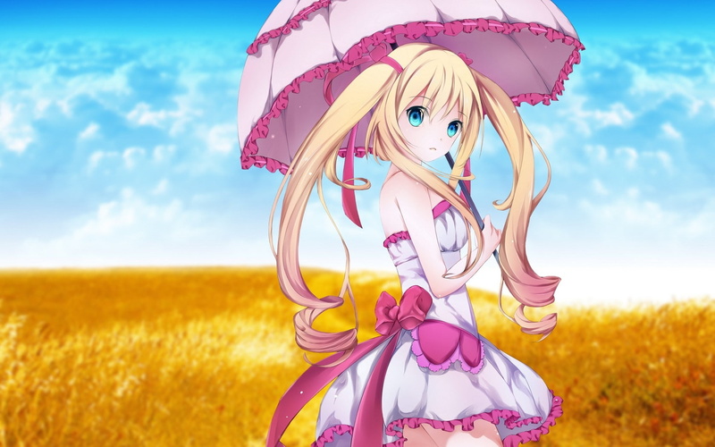 hd, 720P, art, umbrella, soft, Dress, eyes, shading, blue, anime, twintails, x, umbrellas, girls, blondes