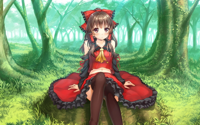 girls, hd, miko, hakurei, anime, reimu, wa, Dress, forests, art, x, clothes, detached, forest, Touhou, 720P, nature, sleeves, japanese