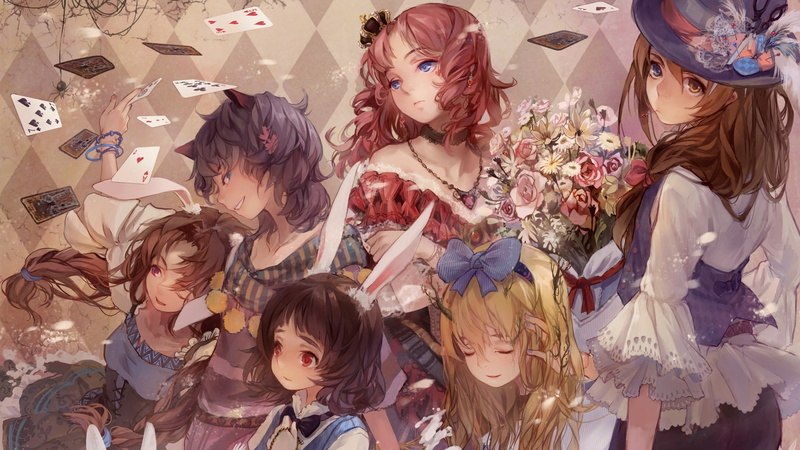 dress, animal, hd, flowers, cards, shading, nature, ears, redheads, blondes, bunny, roses, girls, soft, x, anime, 1080P, art