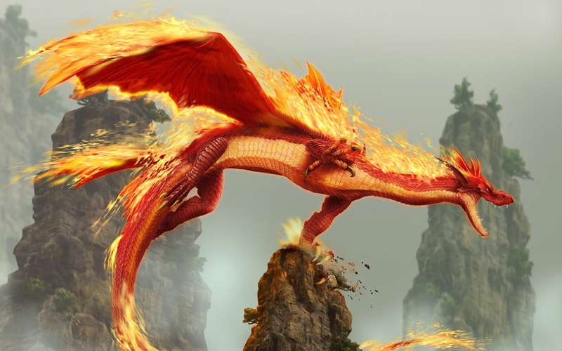 spirituality, sea, 1080P, mouth, animal themes, mountain, fire, water, animal wildlife, sky, illustration, no people, animals in the wild, outdoors, dragon