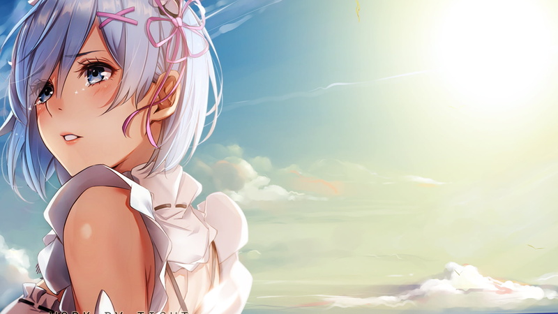 real people, headshot, anime, glasses, lens flare, human representation, sunny, sunglasses, sky, nature, Rem (Re: Zero), females, sunlight, representation