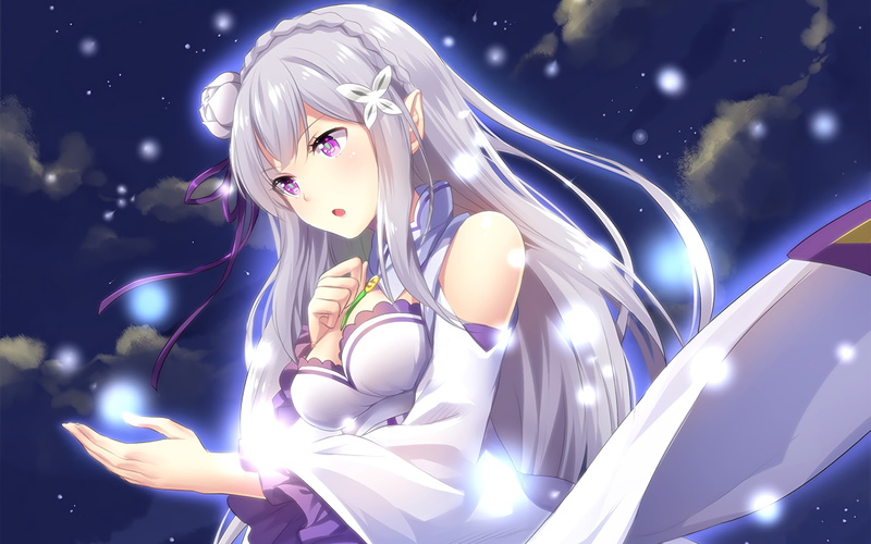 white hair, 1080P, cleavage, purple eyes, sky, clouds, souls, Emilia (Re: Zero), Re:Zero Kara Hajimeru Isekai Seikatsu