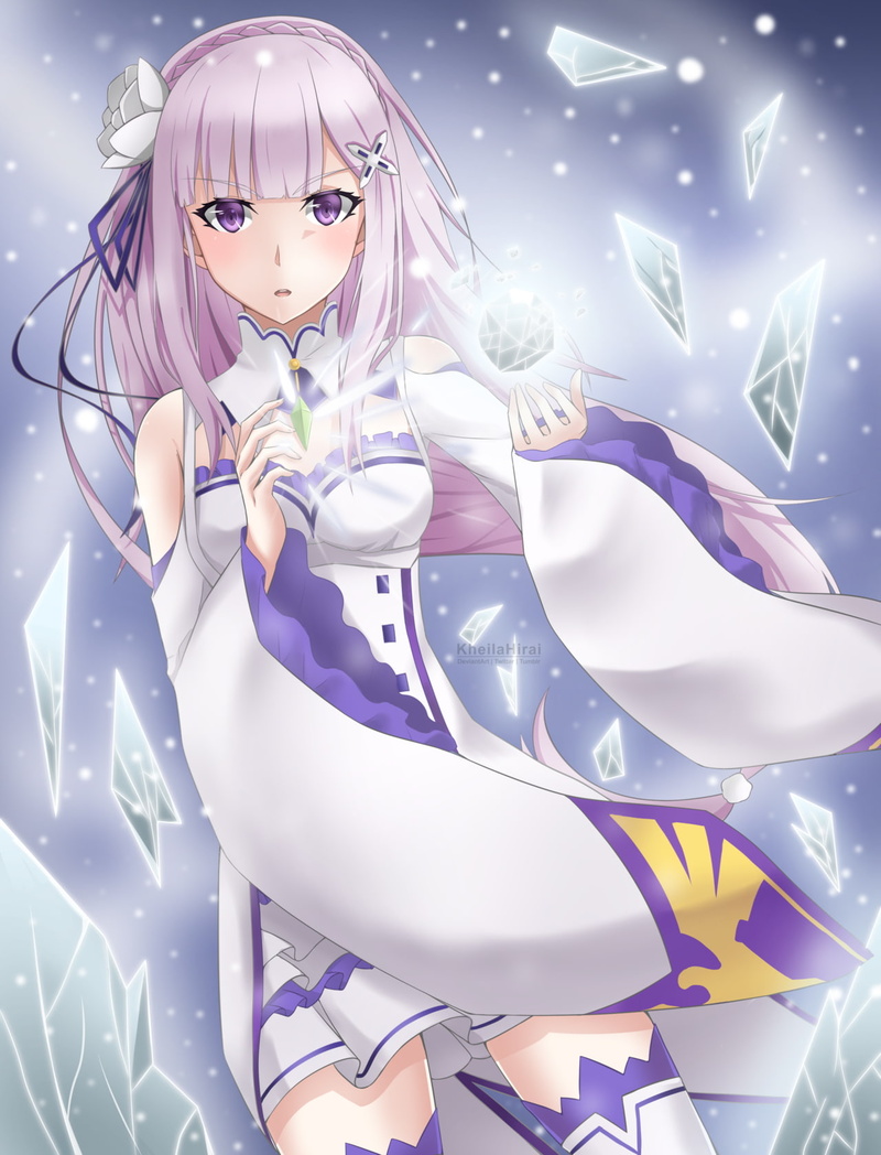 child, 720P, beauty, young adult, purple, portrait, indoors, fashion, adult, cyborg, Emilia (Re: Zero), illuminated, females, futuristic, looking at camera