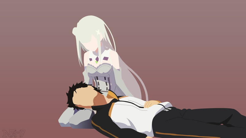 colored background, sitting, Re:Zero Kara Hajimeru Isekai Seikatsu, mammal, one person, anime, 1080P, Natsuki Subaru, spooky, indoors, white, Emilia (Re: Zero)