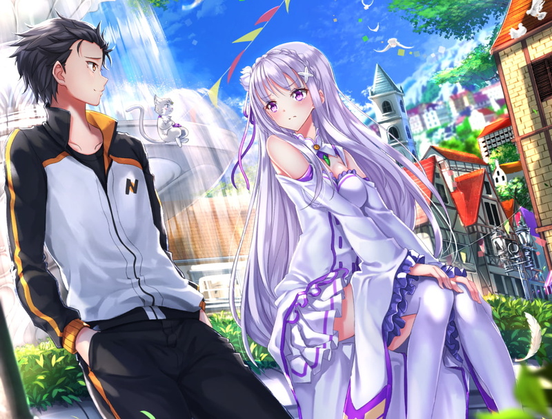 sky, Re:Zero Kara Hajimeru Isekai Seikatsu, brown eyes, Puck (Re:Zero), pink eyes, cat, white hair, skirt, anime girls, water, building, Emilia (Re: Zero)