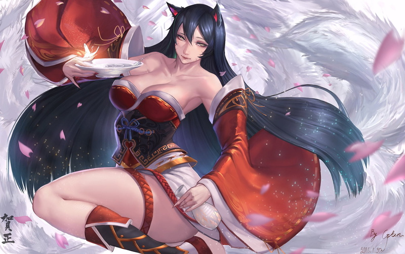 tail, breasts, foxgirl, yellow, hair, tails, drink, ears, long, multiple, 1080P, black, sake, animal, gtunver, cleavage, eyes, petals, legends, league