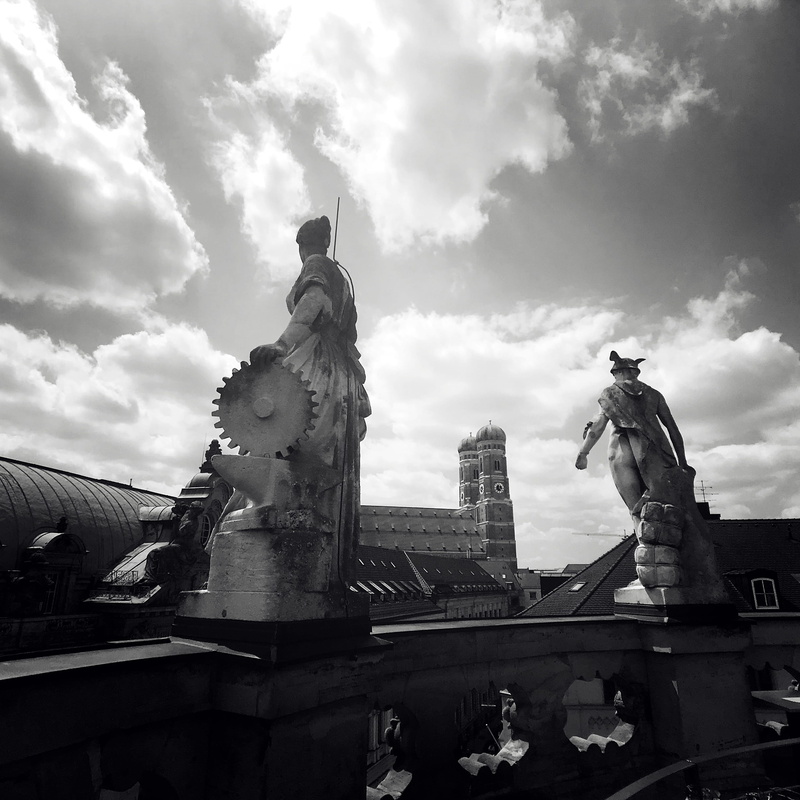 roof, day, statue, art and craft, clouds, creativity, male likeness, no people, high, built structure, rooftop, history, nature, building exterior, cloud - sky