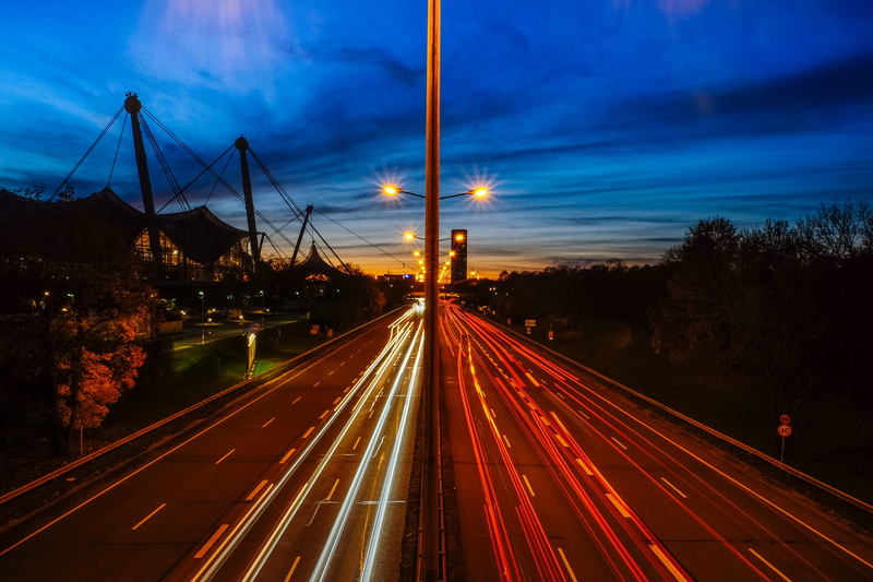 diminishing perspective, 4K, highway, no people, long exposure, symbol, germany, city, night, blurred motion, sky, light trail, outdoors, olympiapark