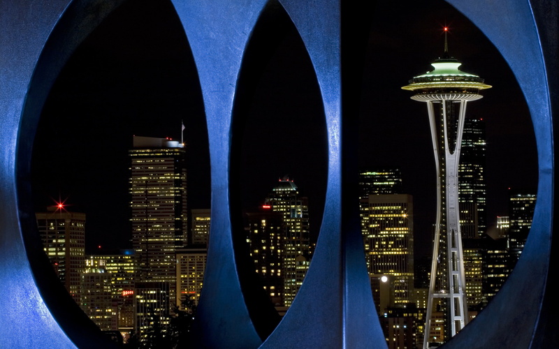 distant, spaceneedle, cityscape, no people, illuminated, built structure, modern, blue, skyline, travel, scupture, city, tower, sky, nature, architecture