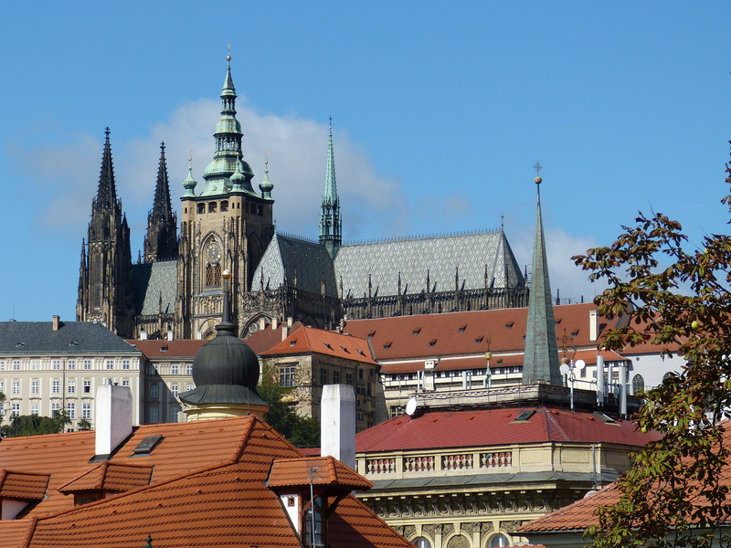 capital, tower, spirituality, day, clear sky, building exterior, cityscape, historically, spire, prague, built structure, no people, sky, roof, dom, old town
