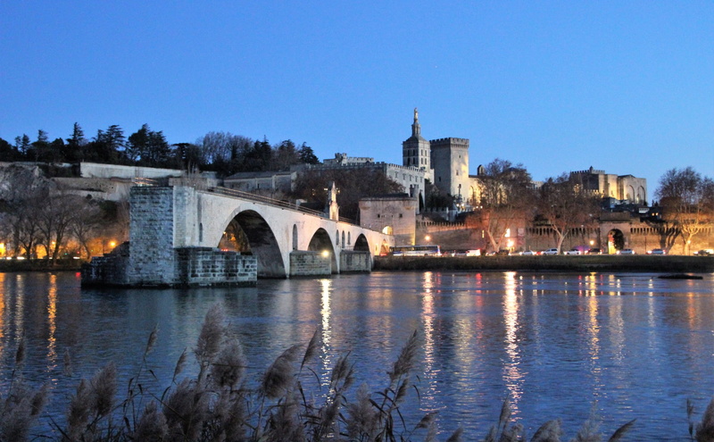 lighting, architecture, The papal Palace, France, Avignon, bridge, river, the city, tower, the evening, 1080P, The Pont davignon, Ron