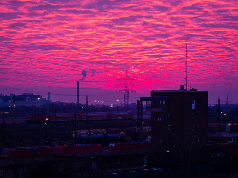 dramatic sky, street, clouded sky, romantic sky, mode of transportation, outdoors, orange color, pink, sunrise, industry, no people, electricity, transportation