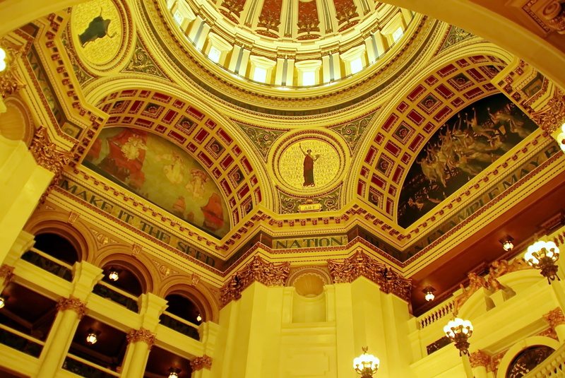 low angle view, capitol, building exterior, gold, craft, rotunda, architecture and art, belief, architectural feature, luxury, history, pennsylvania, dome
