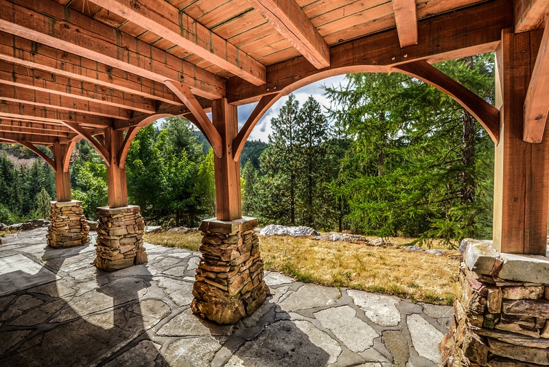 deck, formal garden, nature, mountains, built structure, solid, log, architecture, stone material, slate, roof, sunlight, garden, ornamental garden, construction