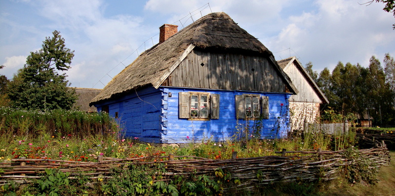 grass, building exterior, trees, wood - material, land, plant, sierpc, outdoors, open air museum, view, blue, architecture, day, cloud - sky, house, tree