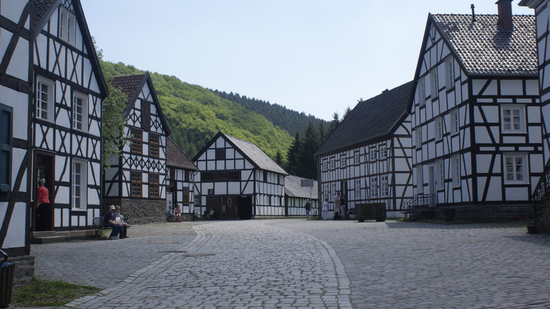 building, day, street, building exterior, outdoors, 4K, clear sky, sunlight, house, open air museum, city, people, real people, nature, sky, plant, incidental people