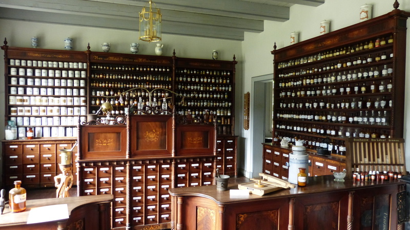 open air museum, shelf, germany, no people, history, molfsee, large group of objects, alcohol, pharmacy, lighting equipment, wood - material, bar counter