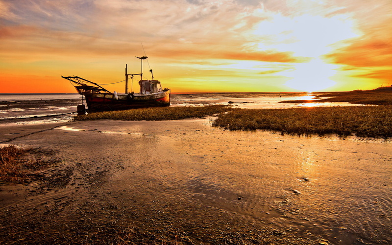 deserted, beach, 1080P, beached, boat, hd, abandon, sunset, nature