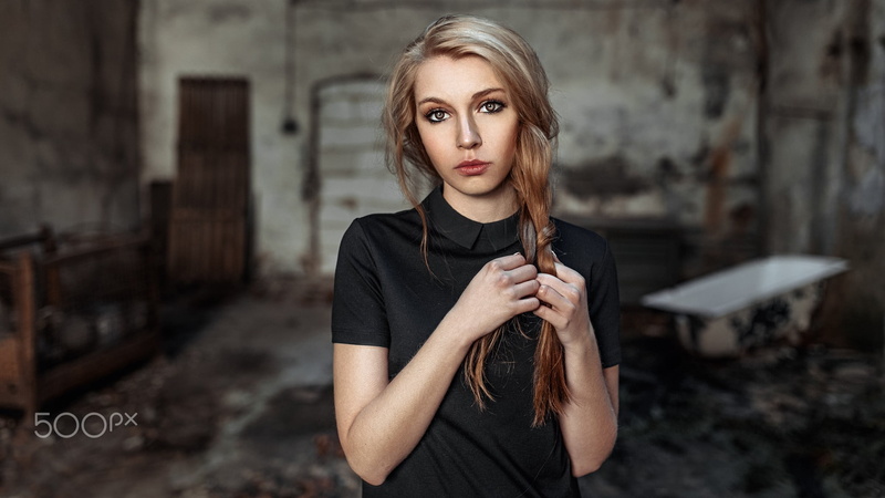 women, black clothing, young adult, emotion, portrait, Damian Piórko, beauty, serious, urban decay, blond hair, hazel eyes, looking at camera, females