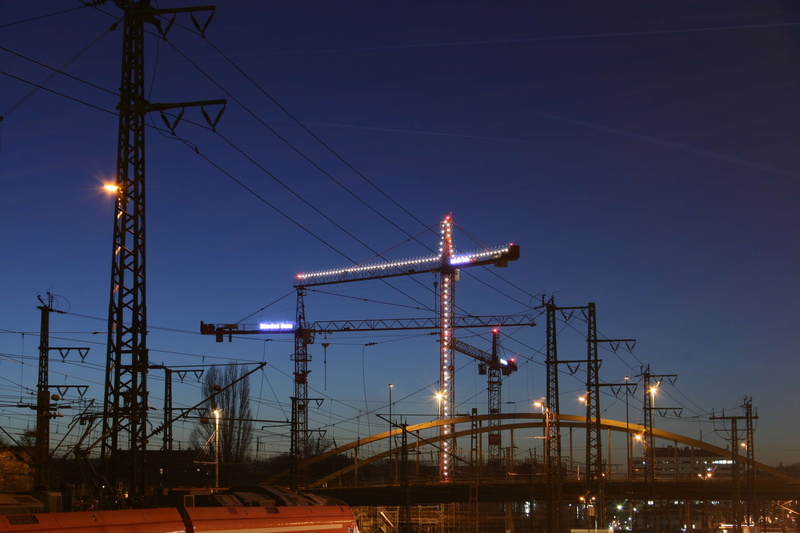 lighting, low angle view, crane, city, nature, long exposure, baukran, lights, cable, construction work, construction industry, light, illuminated, building