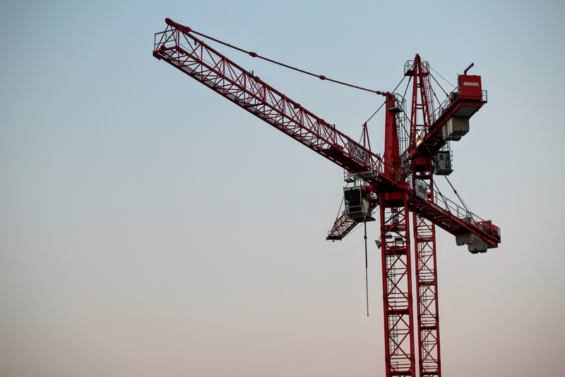 low angle view, isolated, alloy, construction equipment, outdoors, gray, built structure, industrial crane, metal, architecture, crane hooks, tall - high