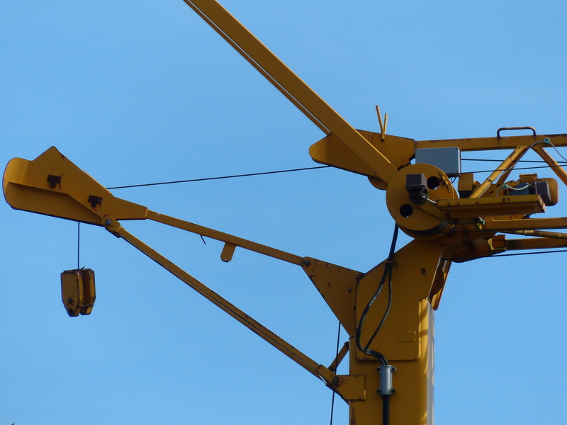 blue, transportation, cable, low angle view, clear sky, nature, industry, sunny, yellow, machinery, no people, crane, baukran, copy space, sunlight, hydraulic