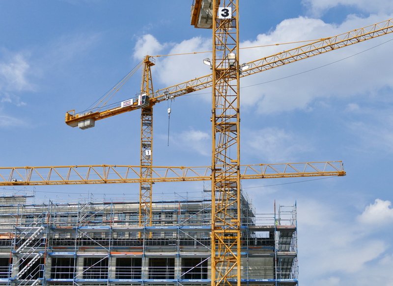 construction work, incomplete, construction craft, baukran, construction machinery, low angle view, day, structure, construction site, house facade, outdoors