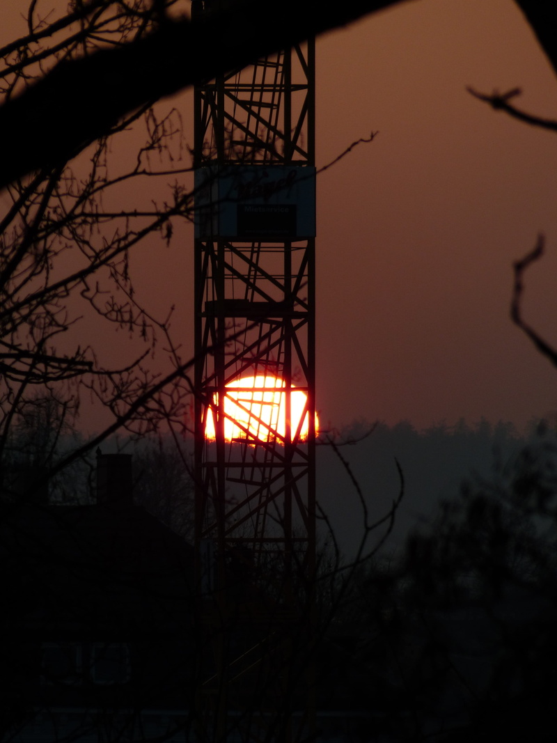Sunset, Scaffold, nature, Sun, no people, evening, cloud - sky, architecture, tree, bare tree, branch, building exterior, outdoors, orange color, crane