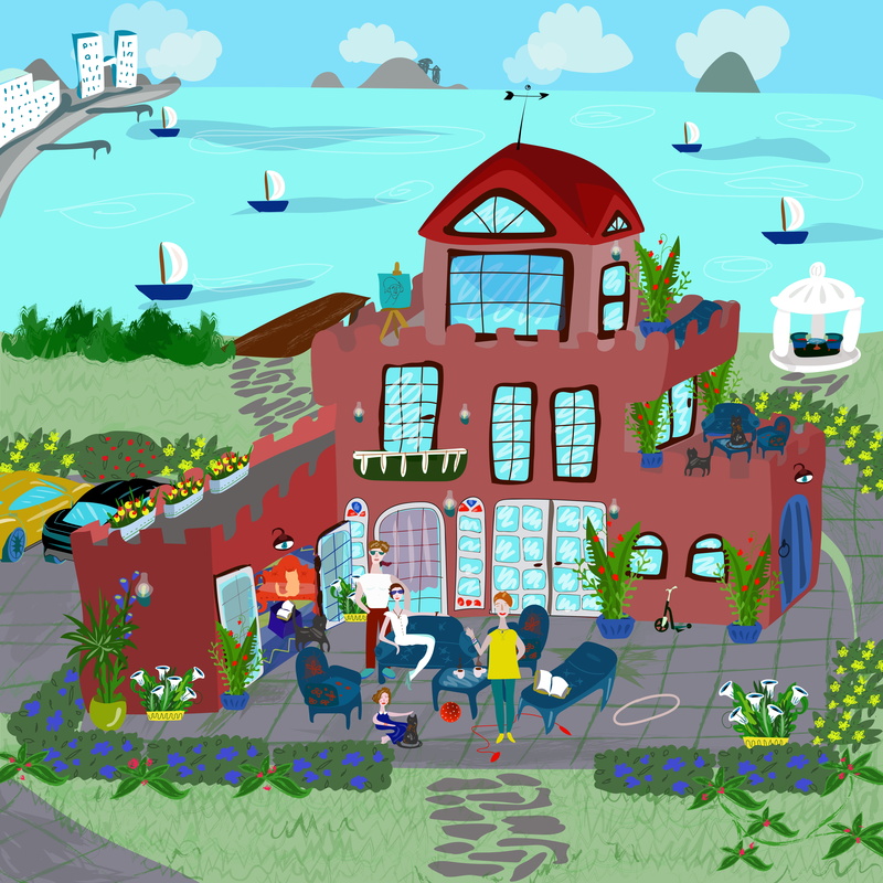 illustration, mother, home, ocean, see home, body, girl, smile, father, nature, house, daughter, near, parents, mountains, front, table, bird, built structure