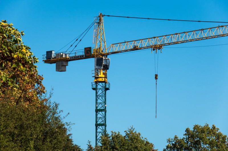 lifting crane, build, sky, clear sky, construction industry, construction site, metal, industry, tree, construction work, blue, construction machinery