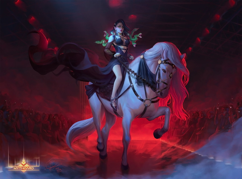 Ina Wong, Mythgard, fantasy art, gorgon, drawing, snake, dress, horse riding, women, 720P, horse