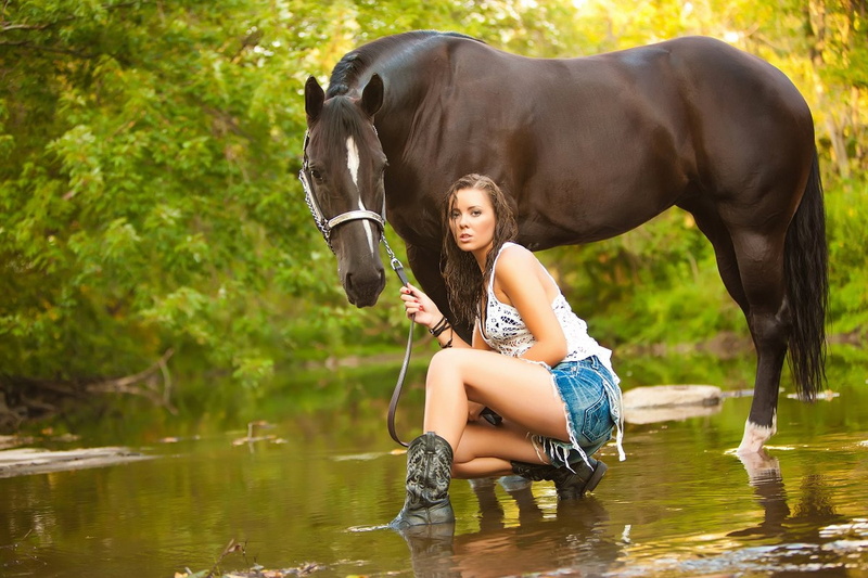 2K, cowgirl, nature, horse, water, green
