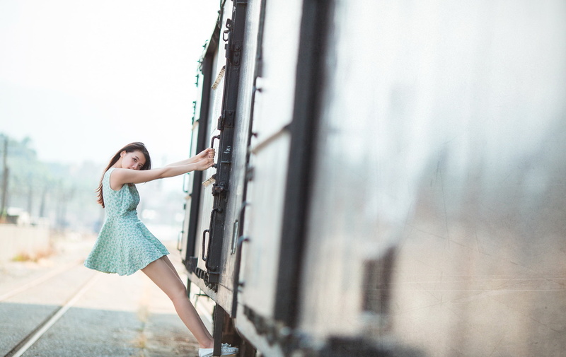 blue dress, climbing, depth of field, railroad track, model, minidress, train, long hair, women, Asian, 1080P, brunette