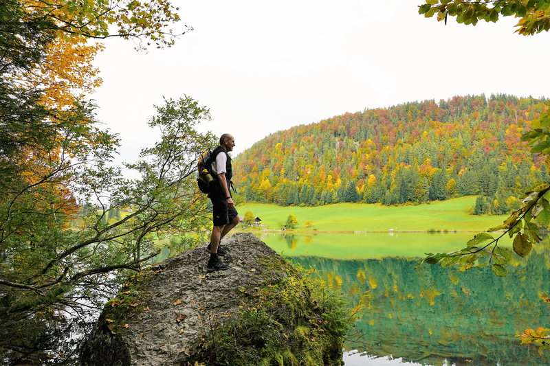 outdoors, lake, clouds, mood, hiking, snow, mountain lake, stanglwirt, man, landscape, sport, tranquility, standing, activity, looking at view, luck, hintersteinersee lake
