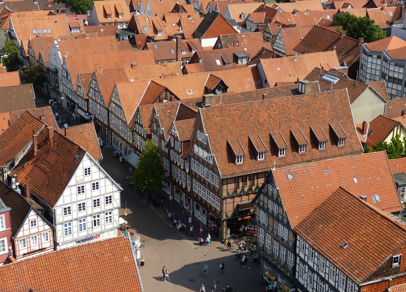built structure, aerial view, truss, historically, old, city, roofs, roof tile, community, brown, lower saxony, house, no people, architecture, nature