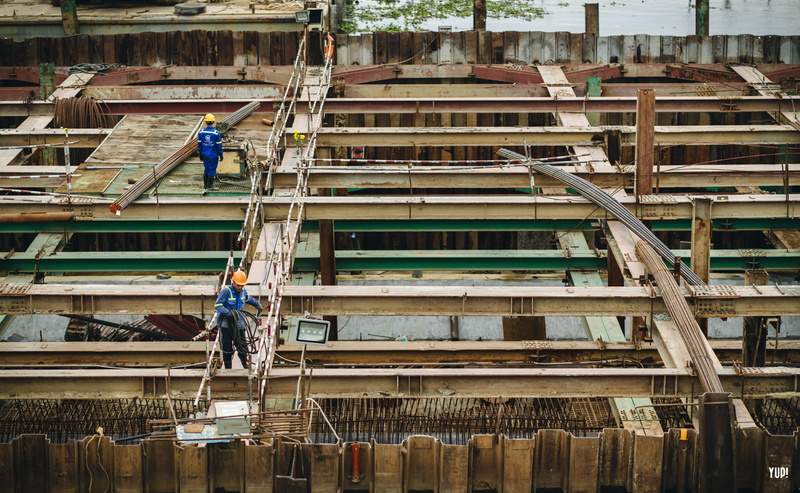 people, occupation, building exterior, real people, helmet, construction site, building, roof, aerial, men, brown, incomplete, built structure, build, trusses