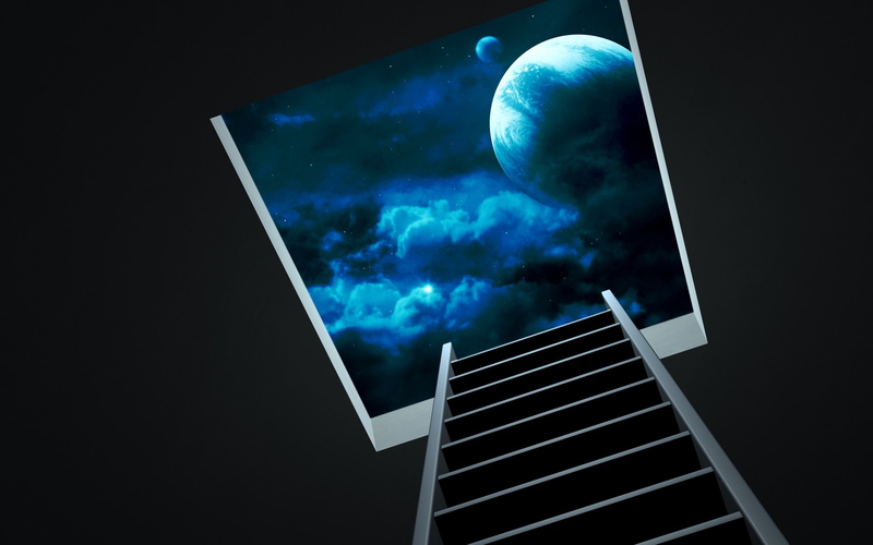 night, background, stair, attic, gray, 2K, sky, stars, wooden, planets, dark