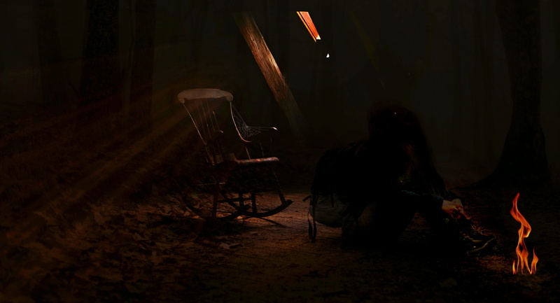 girl, dark, night, mystical, burning, lighting equipment, atmosphere, rocking chair, attic, fire - natural phenomenon, fantasy, communication, adult, seat