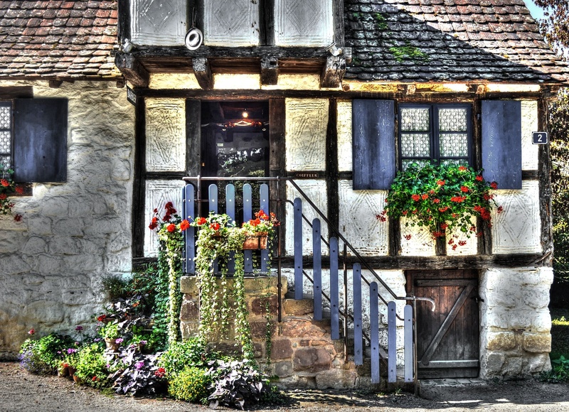 building exterior, entrance, flower pot, growth, day, plant, flower, nature, half-timbered house, building, outdoors, window, potted plant, 2K, wall, architectural column