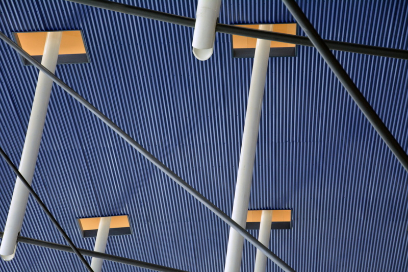 building, low angle view, no people, light fixture, outdoors, airport concourse, pattern, 5K, airport terminal, wall - building feature, modern, sunlight