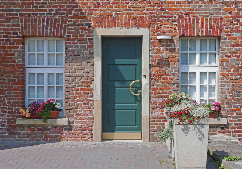 no people, built structure, window box, teal, old, residential district, flowering plant, plant, wall - building feature, the halberdiers, bricks, day