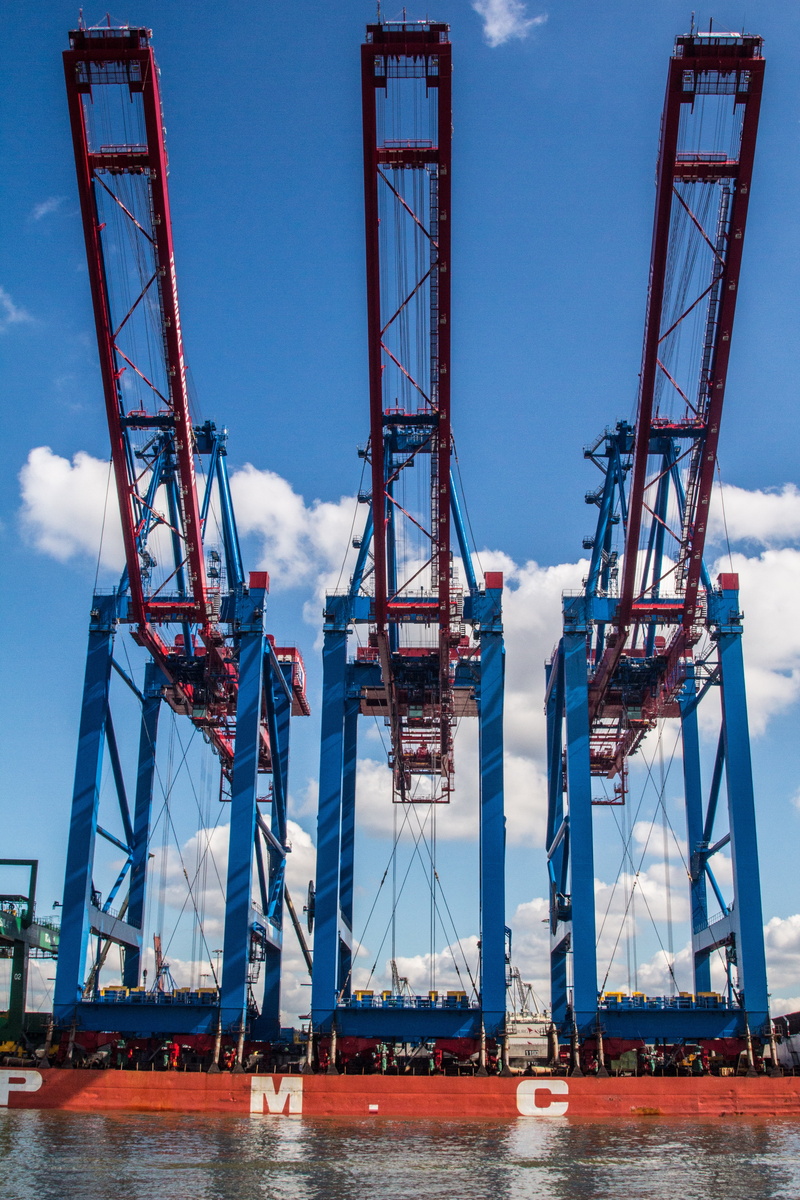 hamburg port, sailboat, container lifter, pier, crane - construction machinery, nature, outdoors, transportation, water, built structure, sky, sea, architecture