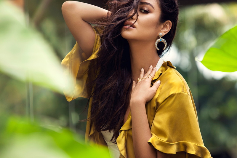 beauty, hair in face, beautiful woman, outdoors, contemplation, yellow, Shay Mitchell, casual clothing, lifestyles, young women, women, young adult, hairstyle