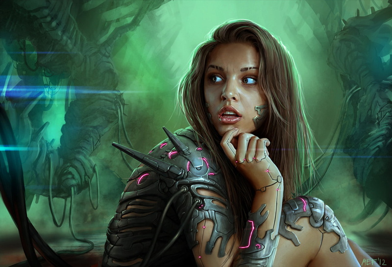 girl, light, gray, green light, fantasy, 720P, green, studded, armor, fantasy girl