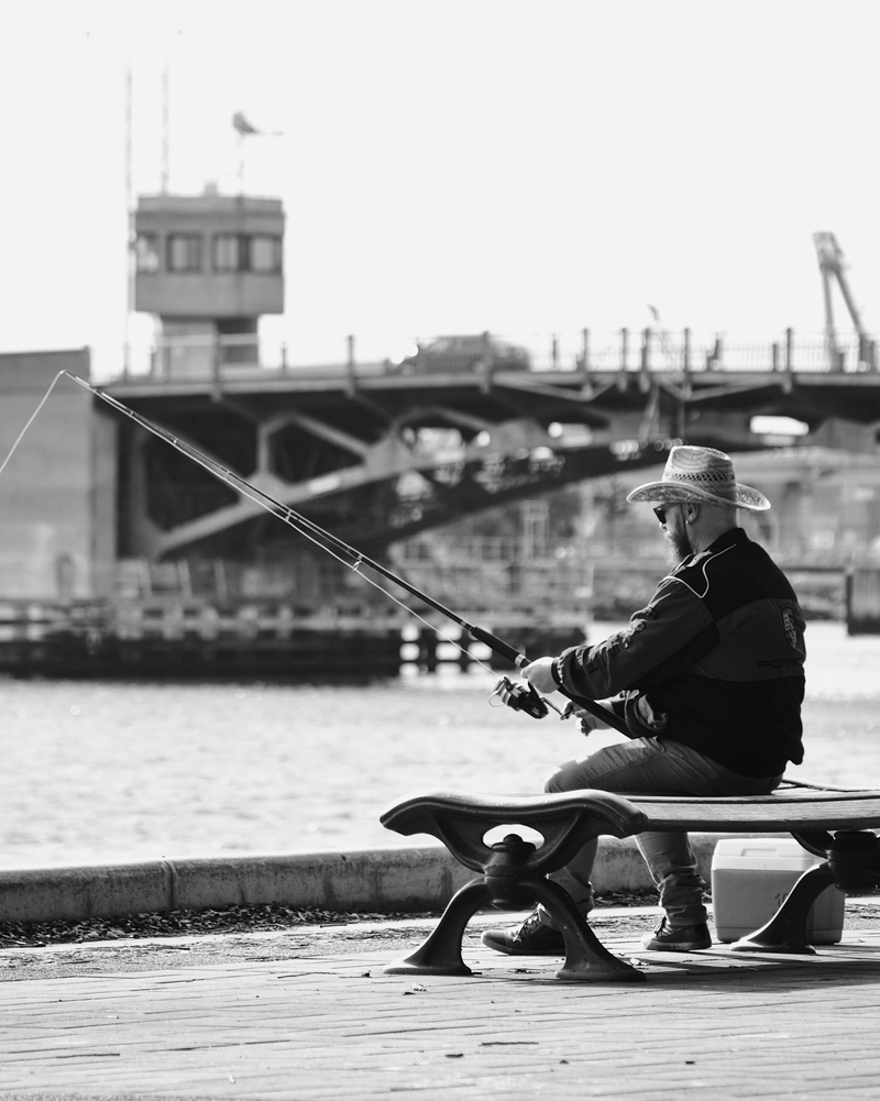 architecture, fishing, dock, connection, focus on foreground, nature, river, human, leisure activities, grayscale, performer, australia, full length, one person